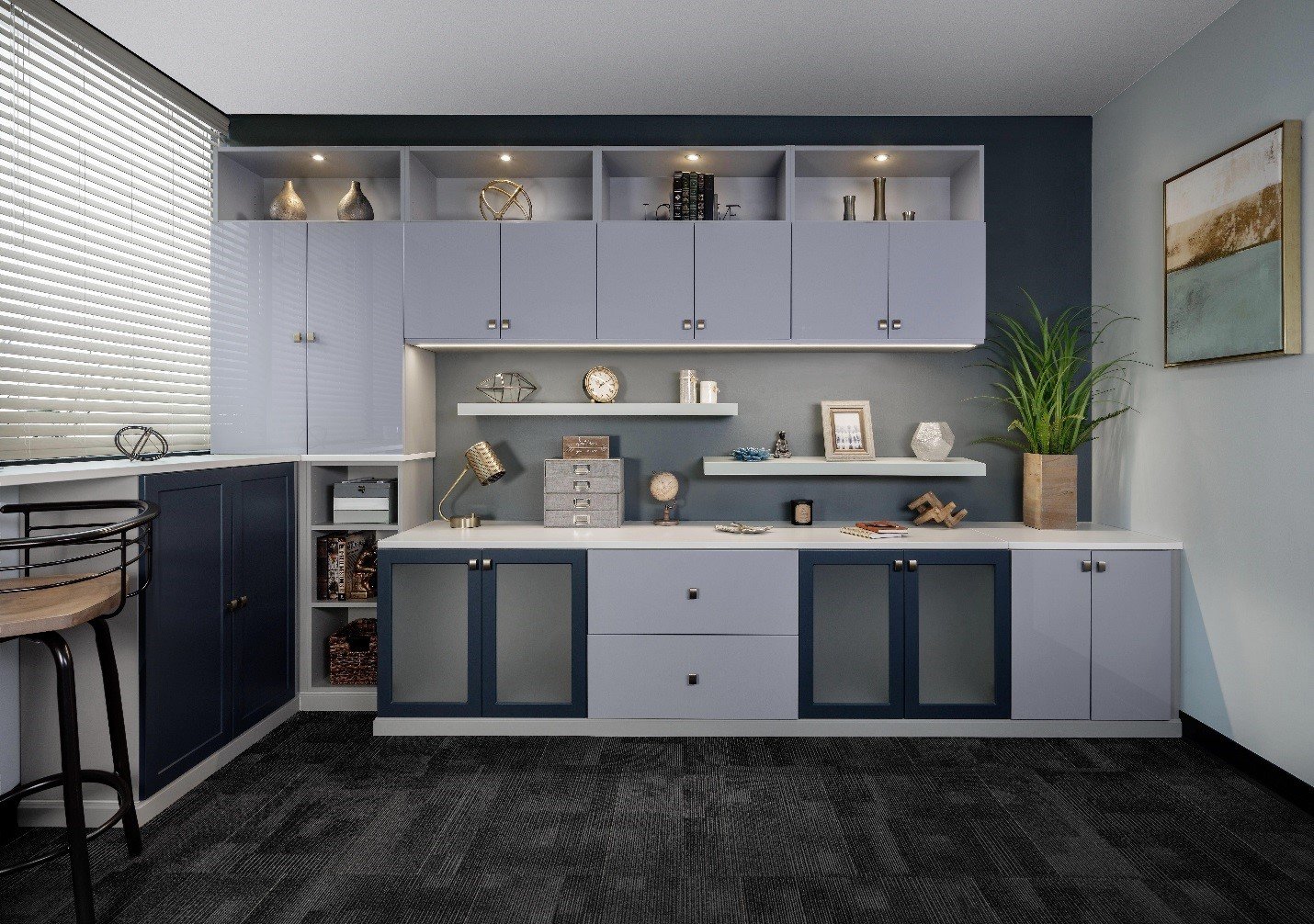 Modern home office with navy blue doors.