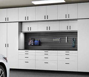 White Garage Cabinets with Black Accents